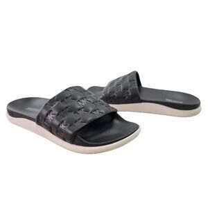 Michael Kors Finnie MK Slide Sandals Nappa Puffy Logo Faux Leather Sz 7 Black